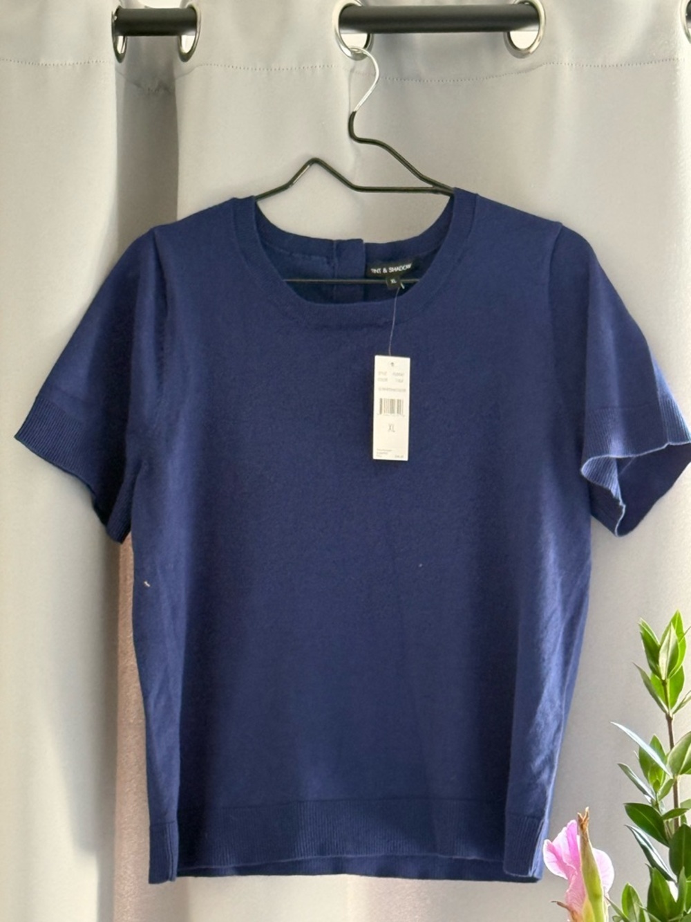 Navy Short-Sleeve Knit Top With Button Back